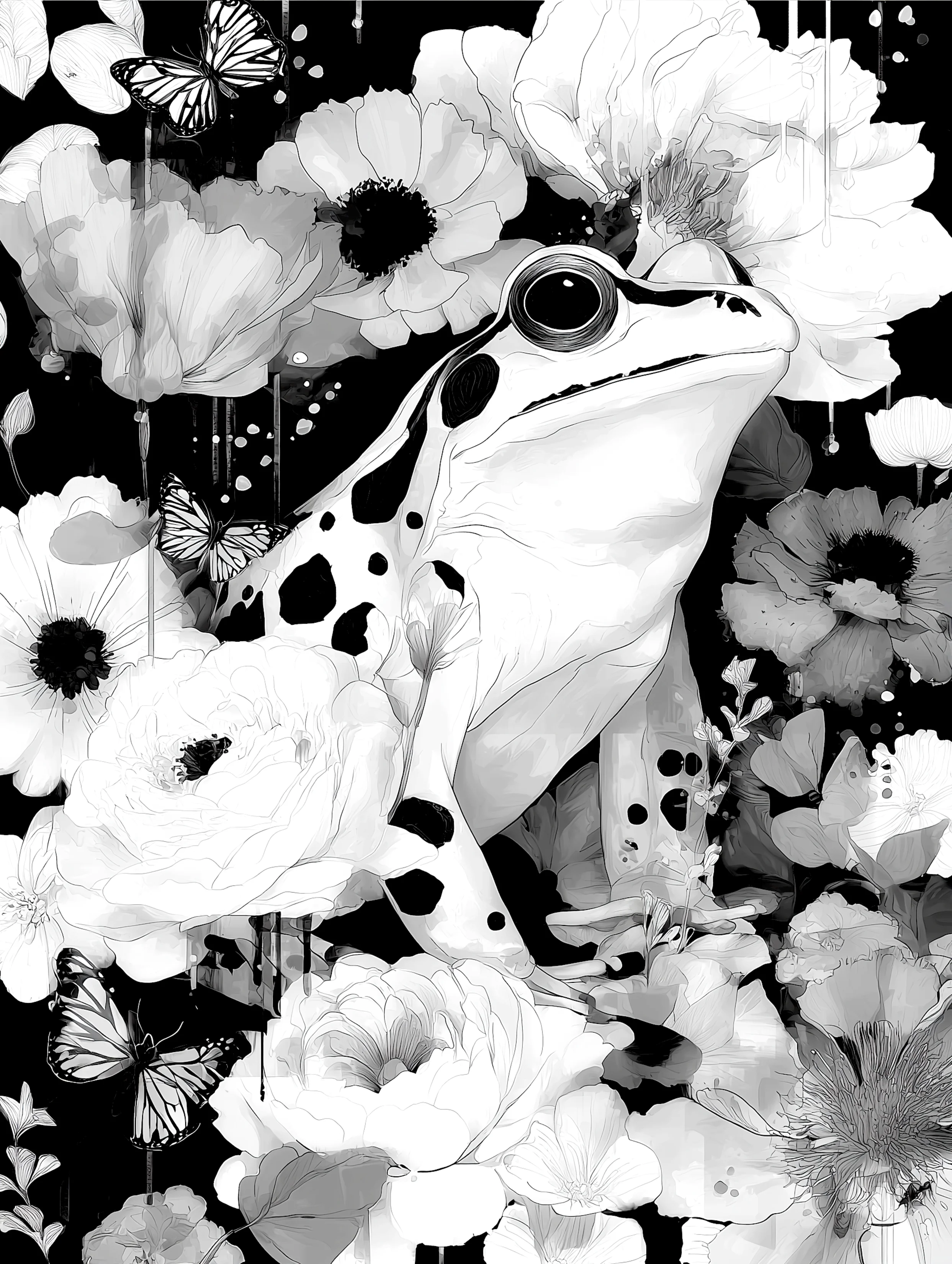 Free printable frog coloring page for adults featuring floating flowers frog